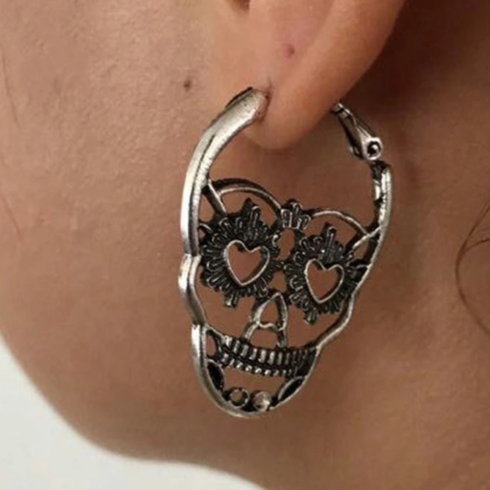 Silver Punk Rock Skull Earrings - Picture 7 of 8